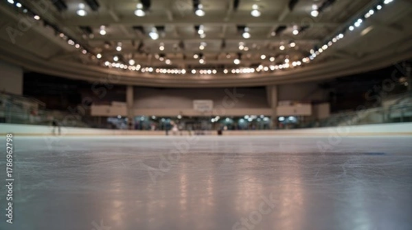 Fototapeta goalie. An empty ice rink with soft ambient lighting and slightly blurred stands in the background. event key visuals, club posters, designed for sports event promotions and stadium branding.