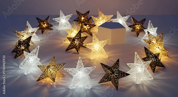 Fototapeta A circle of decorative starshaped fairy lights with warm white illumination on a dark background