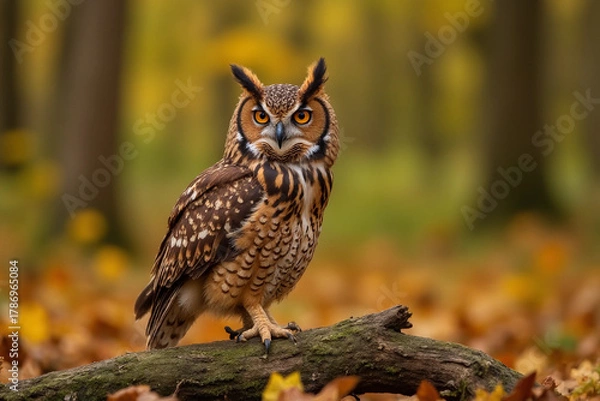Fototapeta Tawny owl sitiing in autumn forest. 3d rendering.