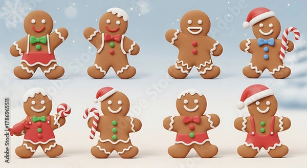 Fototapeta Collection of eight cheerful gingerbread man cookies with festive christmas attire and accessories