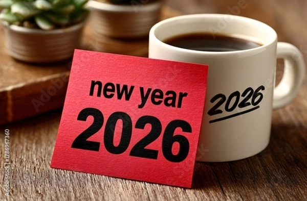 Fototapeta New year 2026 message on red sticky note and coffee mug, planning on wooden table