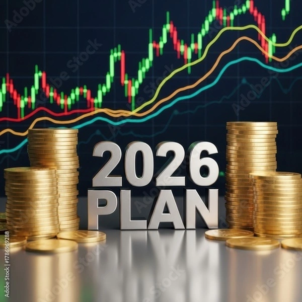 Fototapeta Financial 2026 plan with growing coin stacks and stock market candlestick chart display