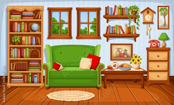 Obraz Vector cozy living room interior with a sofa and a bookcase.