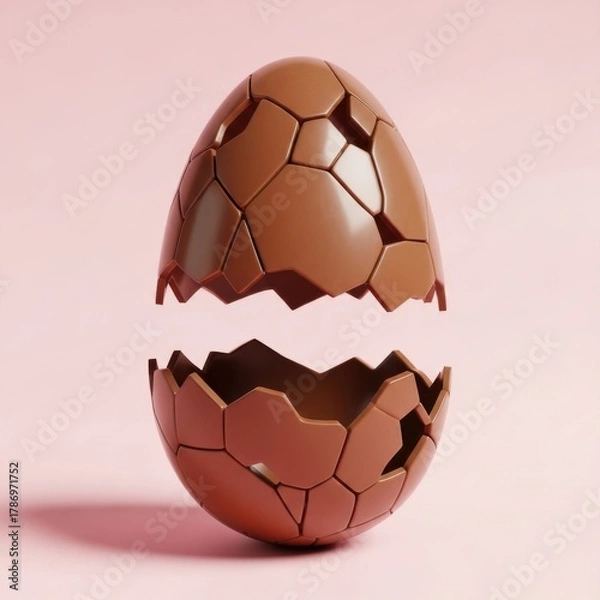 Obraz Broken chocolate easter egg halves floating, geometric texture, sweet dessert surprise concept.