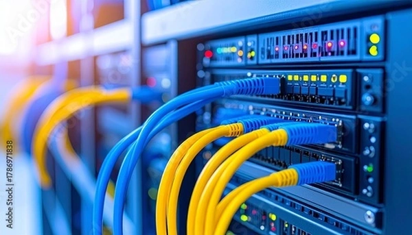 Fototapeta Close-up of a server rack with blue and yellow ethernet cables connected to the network equipment.