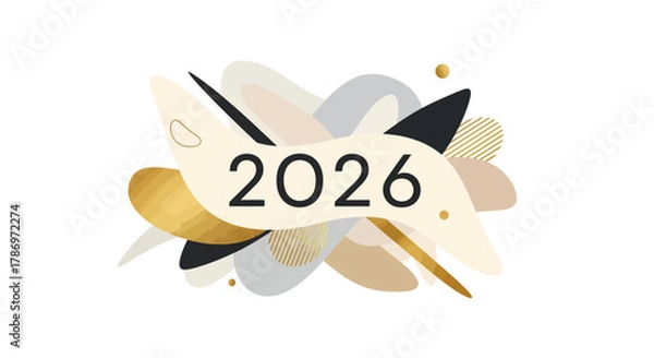Fototapeta A modern abstract design featuring the year 2026 with organic shapes in gold, black, beige, and grey.