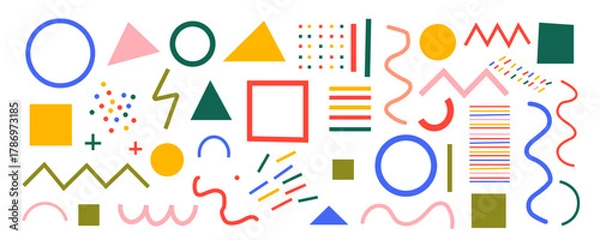 Fototapeta Set of minimalist geometric shape icons with transparent background, abstract design elements, Memphis style patterns, modern graphic assets, vector illustration