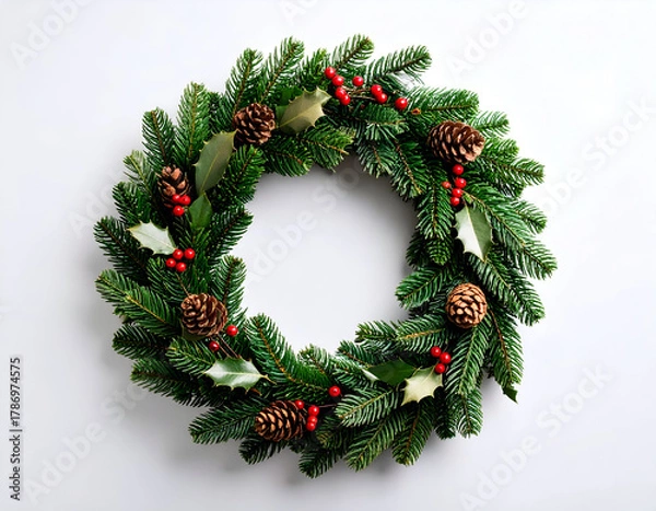 Obraz Festive Holiday Wreath with Evergreen Branches, Cones, and Red Berries