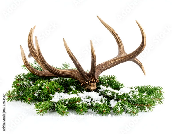 Obraz Whitetail deer antlers resting on a bed of snow-dusted pine branches, a festive winter scene