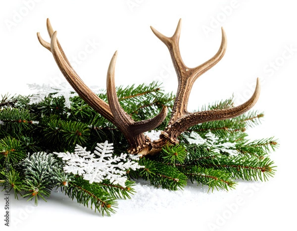 Obraz Fallen deer antler resting on frosty evergreen branches with snow and a snowflake decoration on a white background, creating a rustic winter holiday composition