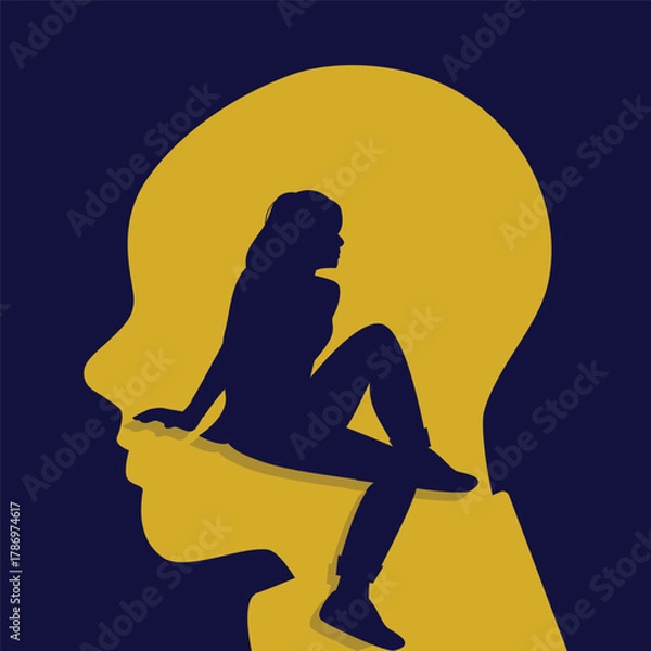 Fototapeta Vector illustration showing a silhouette of a woman sitting inside the outline of a human head