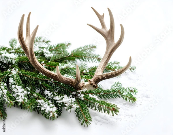 Obraz Graceful shed deer antlers nestled amidst a bed of frosty pine needles and fresh snow on a pristine white background, perfect for winter and holiday designs evoking natural beauty and rustic charm