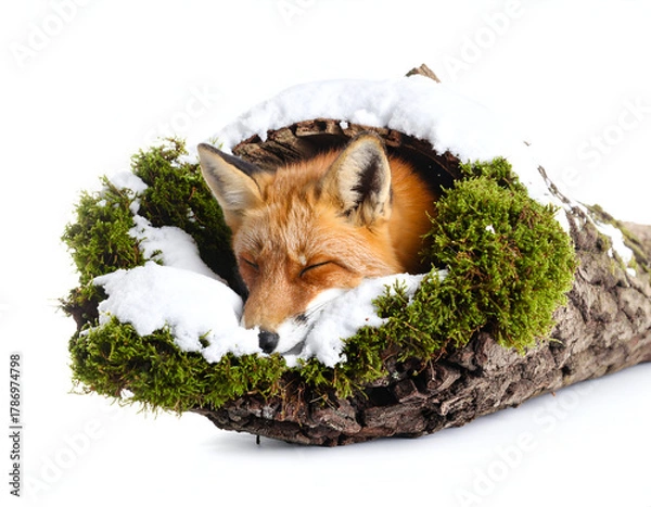 Obraz A serene red fox finds peaceful slumber nestled deeply within a snow-dusted, moss-covered log, creating a beautiful winter wildlife tableau