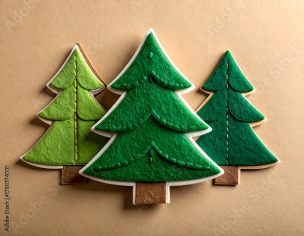 Obraz Festive Christmas tree sugar cookies decorated with green icing on a neutral background