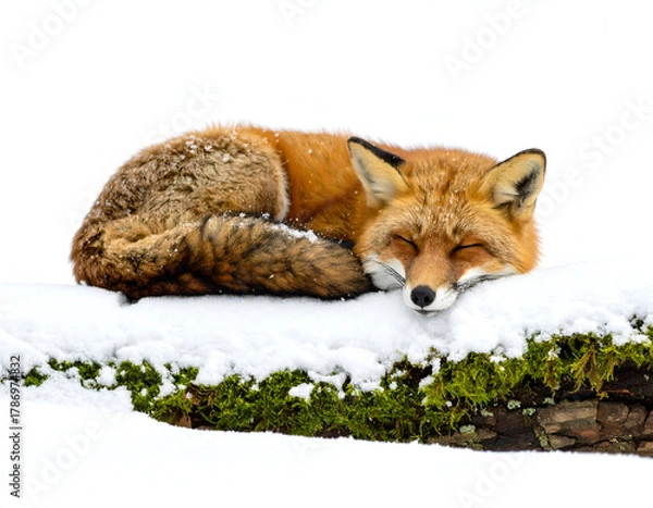 Obraz Cute Red Fox Curled Up Sleeping Peacefully on a Snow-Covered Log in a Winter Landscape