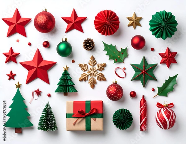 Obraz Festive Christmas Ornaments and Decorations in a Flat Lay Arrangement