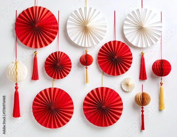 Obraz Festive Red and White Paper Decorations for Celebrations and Parties