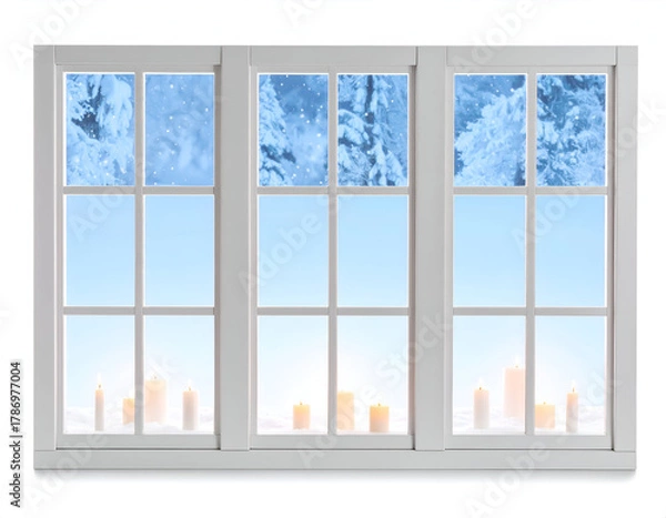 Obraz Warm glowing candles on a sill contrast with a serene winter landscape of snowy trees and blue sky, framed by a white window, creating a cozy, peaceful mood