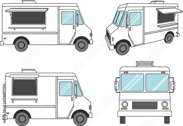Fototapeta Food Truck Multi-View Icon Set – Stylized Side, Front, and Angled Perspectives with Open Serving Window