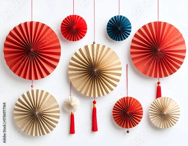 Obraz Festive Hanging Paper Fans & Decor, Accordion Style, Pom-poms Decoration