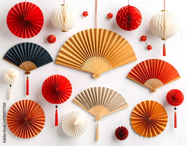 Obraz Flat lay of vibrant red and gold paper fans, festive lanterns, and decorative elements arranged for cultural celebrations and holiday decor on a clean white background