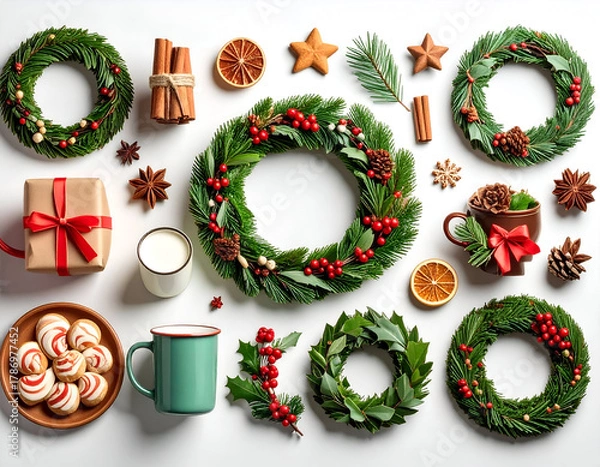 Obraz Festive Christmas Flat Lay with Wreaths, Sweets, and Holiday Cheer