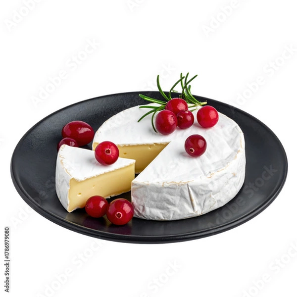 Obraz Rustic baked camembert cheese topped with cranberry sauce on a dark surface, a warm and inviting dish, cleanly isolated on white background with copy space