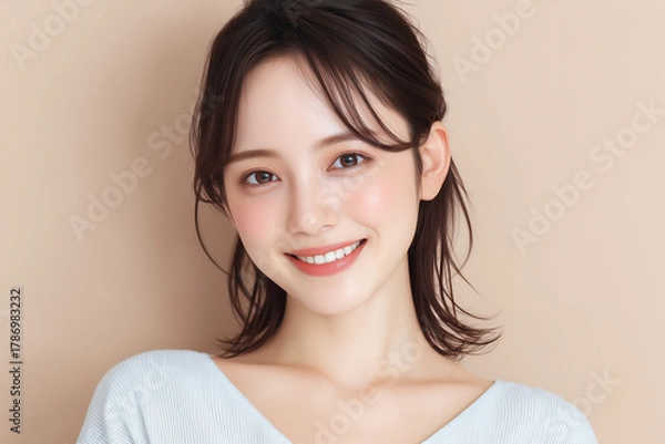 Fototapeta 柔らかな笑顔の若い女性によるナチュラルビューティーポートレート