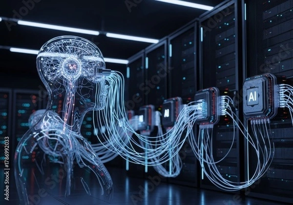 Fototapeta Robot connecting cables to AI supercomputer, advanced technology concept, no logos, no text.