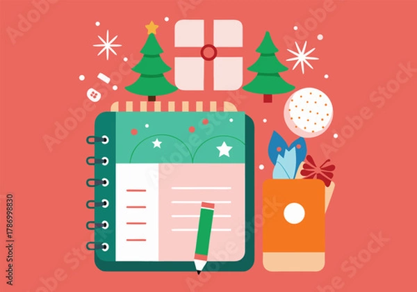 Obraz A festive christmas todo list with a gift, christmas trees, and a pencil on a red background for the holiday season