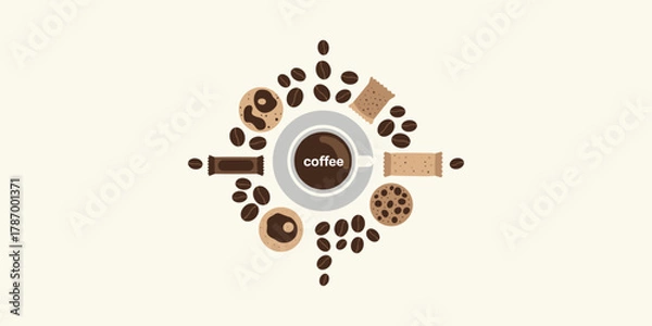 Fototapeta Coffee Arrangement with Cup, Beans, Cookies for Café Branding