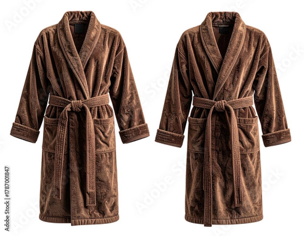 Fototapeta Two brown velour robes facing the viewer, belted, pockets