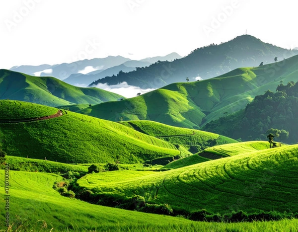 Fototapeta Rolling green hillsides bathed in light against distant mountains