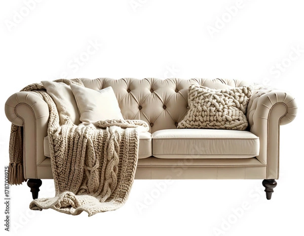 Fototapeta Plush beige sofa adorned with pillows and a cozy knit throw
