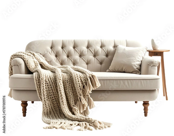 Fototapeta Cream couch with tufted back, cozy blanket, and small side table