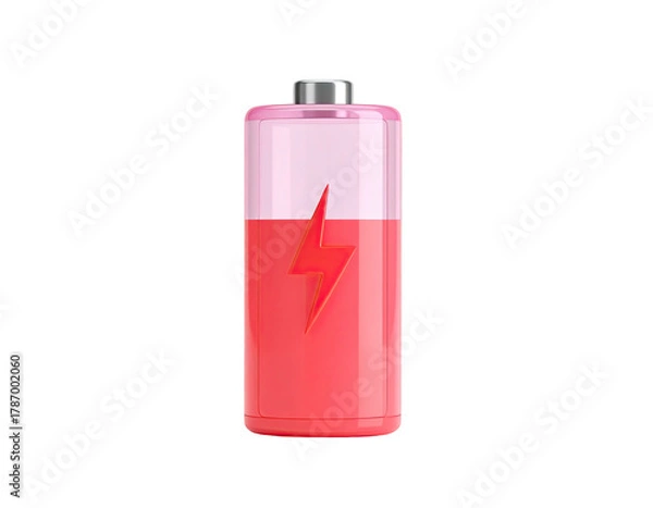 Fototapeta 3D battery icon, half charged with pink lightning bolt