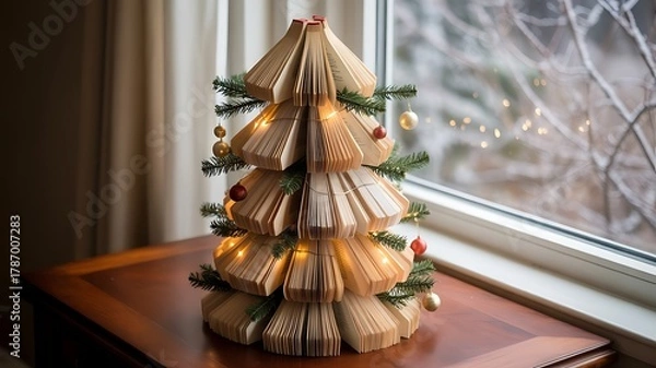 Obraz Creative christmas tree made of folded books on wooden table near window offering unique alternative for holiday decoration at home