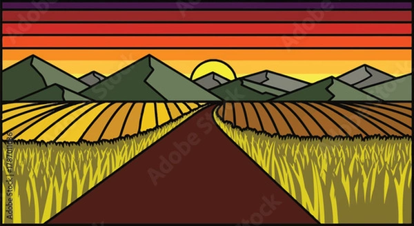Obraz Farm landscape illustration at sunset with mountains and fields