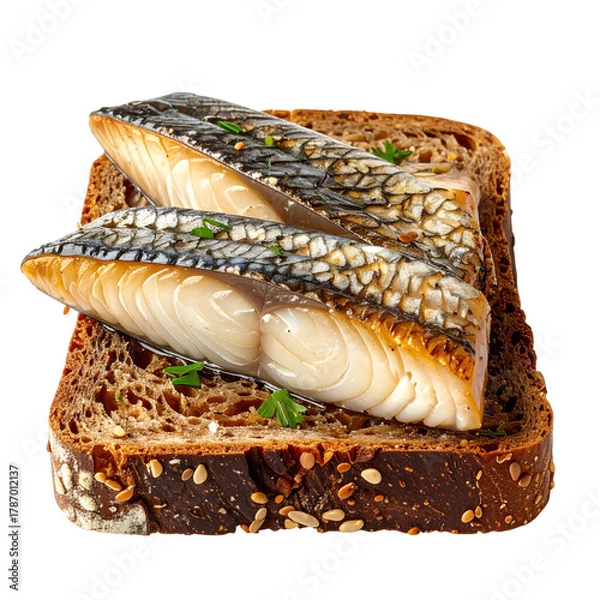 Fototapeta A gourmet smoked eel canap�, a traditional nordic treat, presented without a plate for a clean composition, isolated on white background