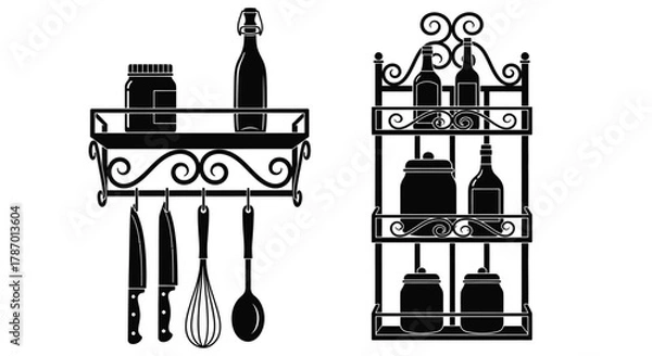 Obraz Decorative kitchen shelves with utensils and spice jars illustration