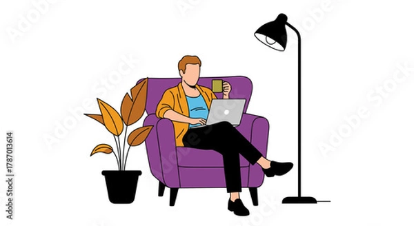 Obraz Remote worker working from home on laptop in armchair illustration