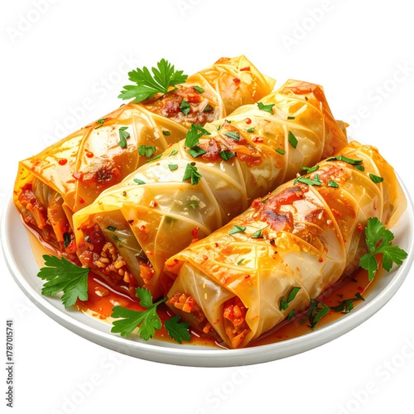 Obraz Hearty stuffed cabbage rolls with meat and rice, a traditional and comforting european dish, perfectly isolated on white background for a clean presentation