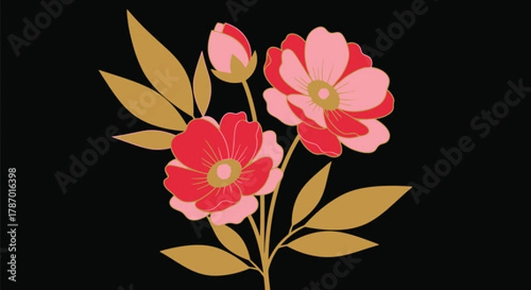 Obraz Red and pink floral art print on black background illustration