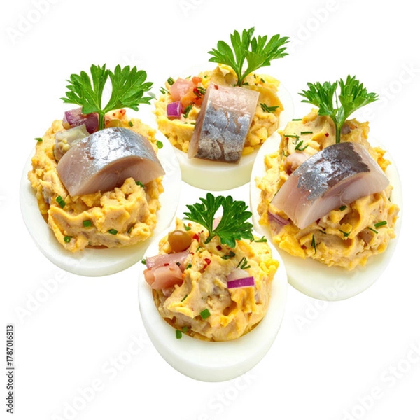 Obraz Tangy stuffed eggs with pickled herring, a simple and delicious party appetizer, cleanly isolated on white background for a studio shot with copy space