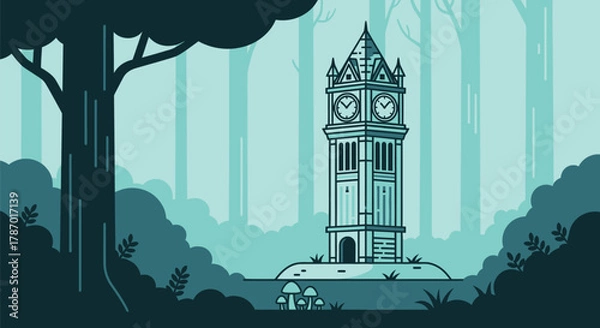 Obraz Clock tower in forest illustration vector design background art