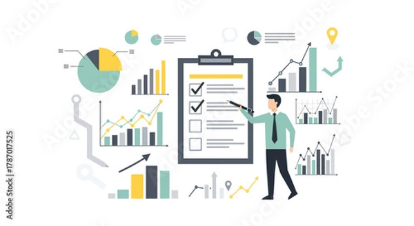Fototapeta A businessman points at a checklist on a clipboard surrounded by various data charts and graphs.