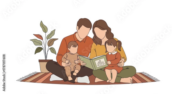 Fototapeta A happy family of four, including parents and two young children, sits on a rug reading a storybook together.
