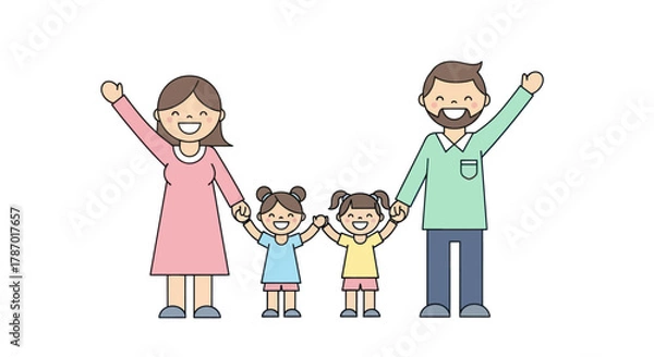 Fototapeta A happy family of four, including mother, father, and two young daughters, standing together and holding hands with arms raised in celebration.