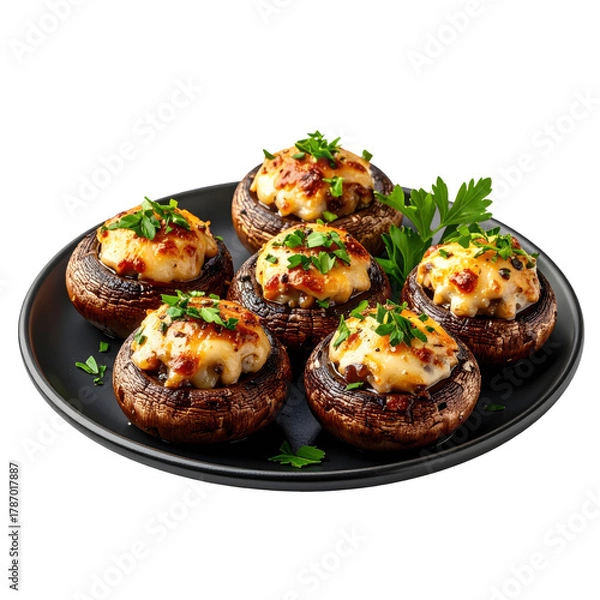 Obraz Savory stuffed mushrooms on a dark plate, a delicious and elegant appetizer filled with herbs, cheese, and breadcrumbs, perfect for parties