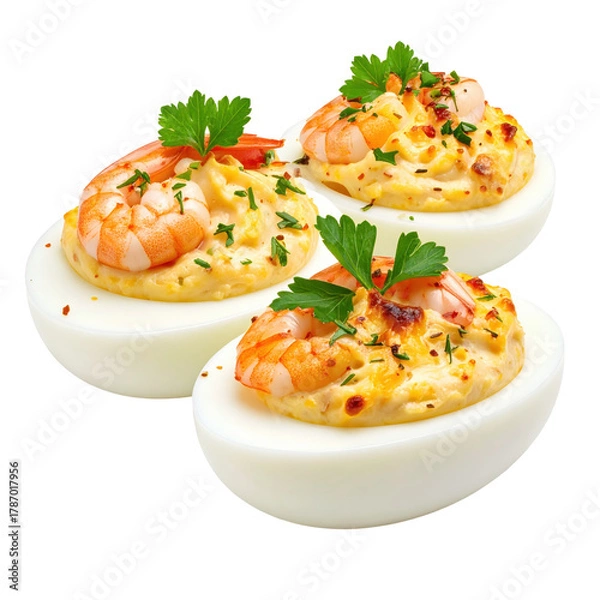 Fototapeta Classic stuffed eggs with shrimp isolated on white background, an elegant and creamy appetizer, perfect for parties and special occasions